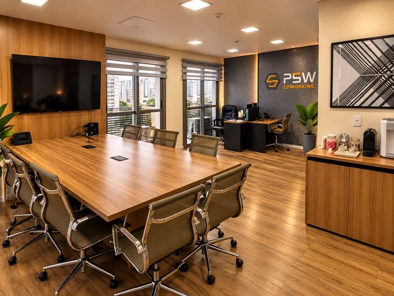 Vista da sala de reunião com estação de café e posto de recepção ao fundo